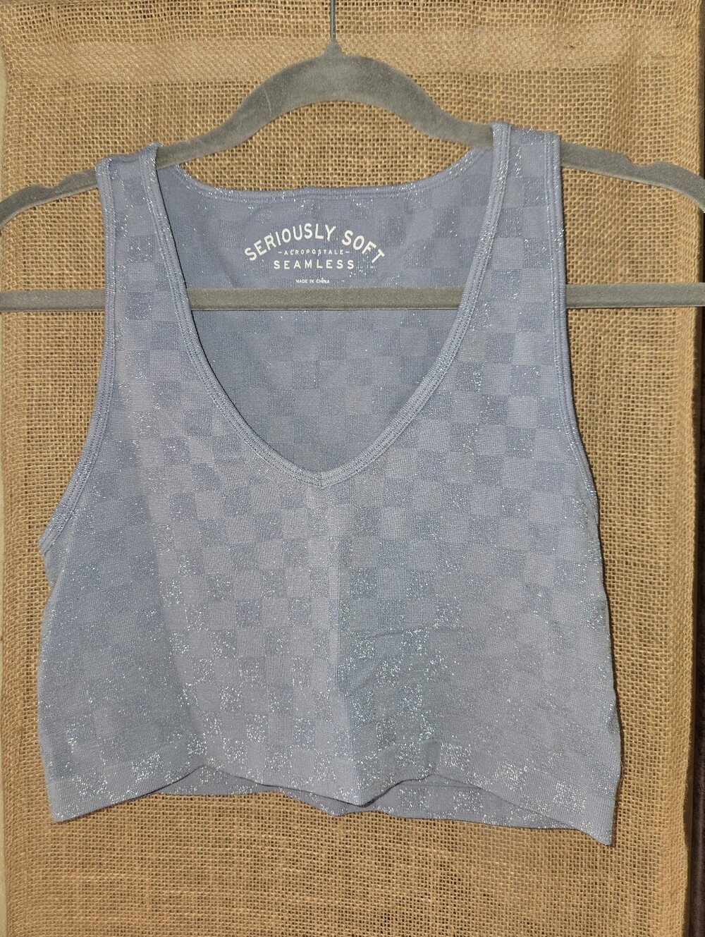 Aero Women's Gray Check Seamless Crop Top Metallic Look Medium